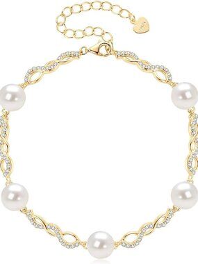 Elegant Gold Plated Infinity Bracelet with Freshwater Pearl & CZ, Adjustable